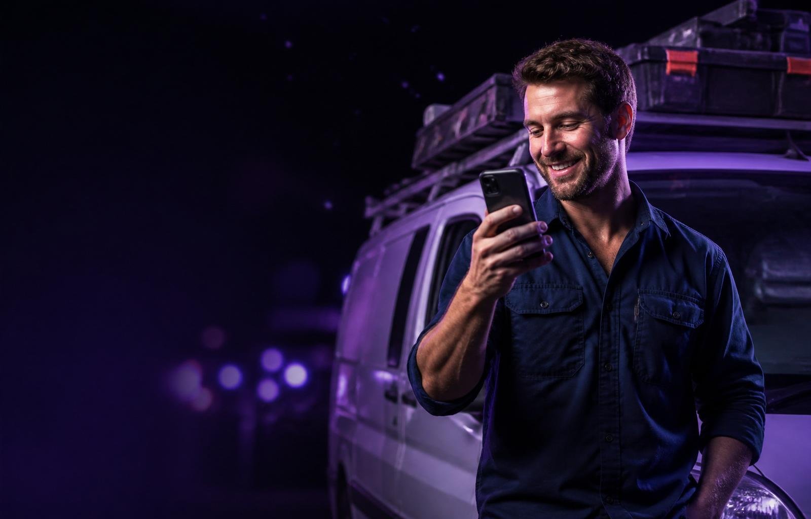 Australian tradie holding phone next to work van